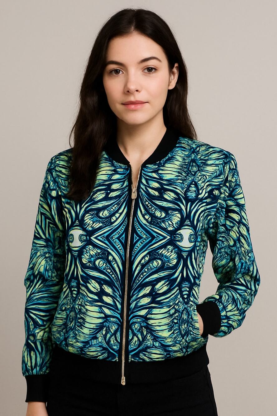 Amanda Uprichard Blue Yellow Butterfly Abstract Silk Lightweight Bomber Jacket S